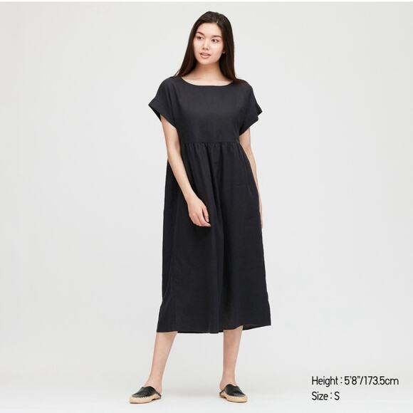 Uniqlo Kurta Premium 100% Linen Short-Sleeve Dress black boxy lagenlook artsy S - Picture 1 of 8
